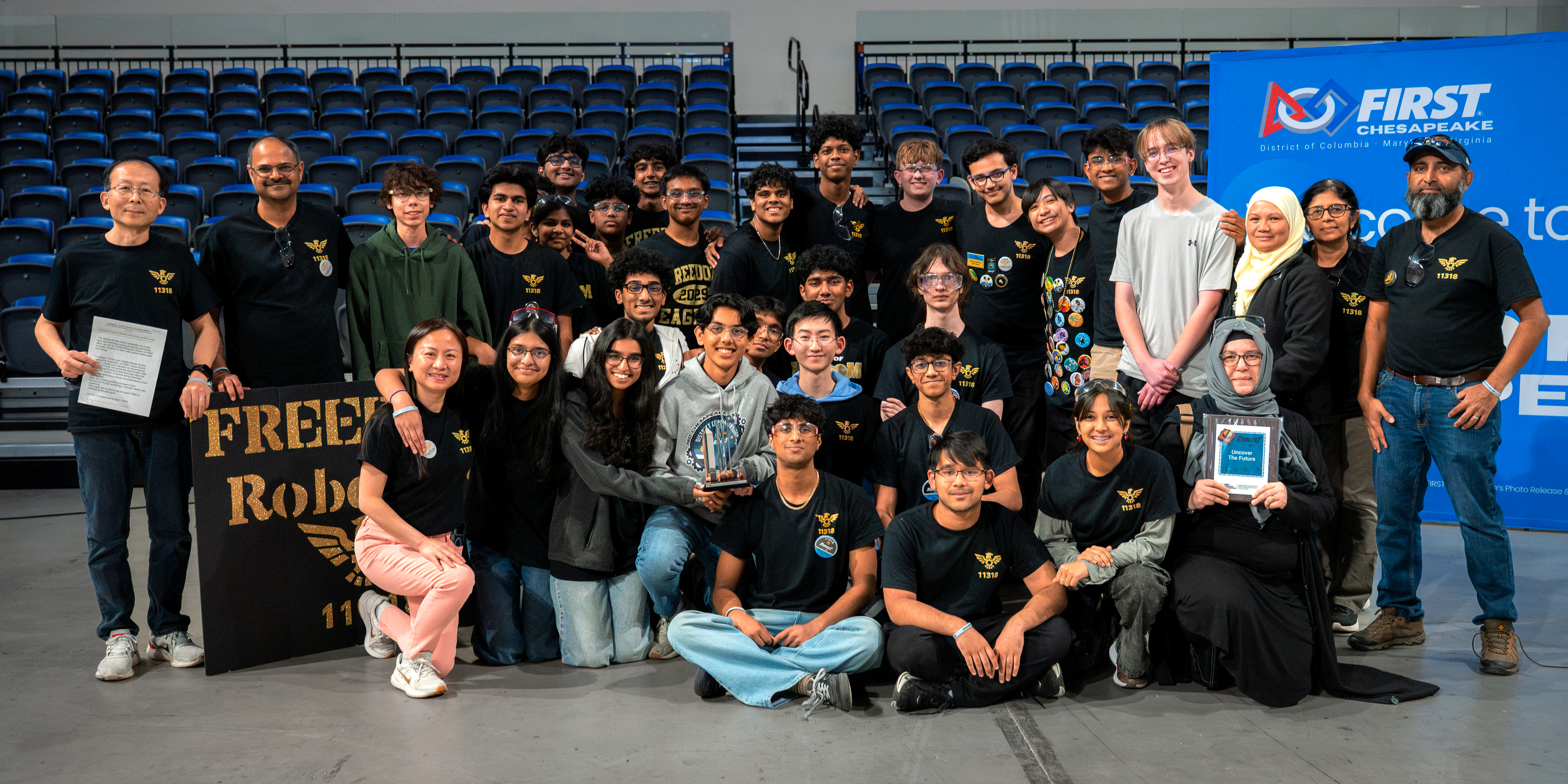 Freedom Eagles Robotics (FRC 11318) team photo after earning District Championship Rookie All Star at the FIRST Chesapeake District Championship.